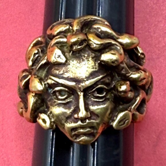 Vintage Artist Made Solid Bronze Medusa Ring Snakes Serpents Mythology Gothic